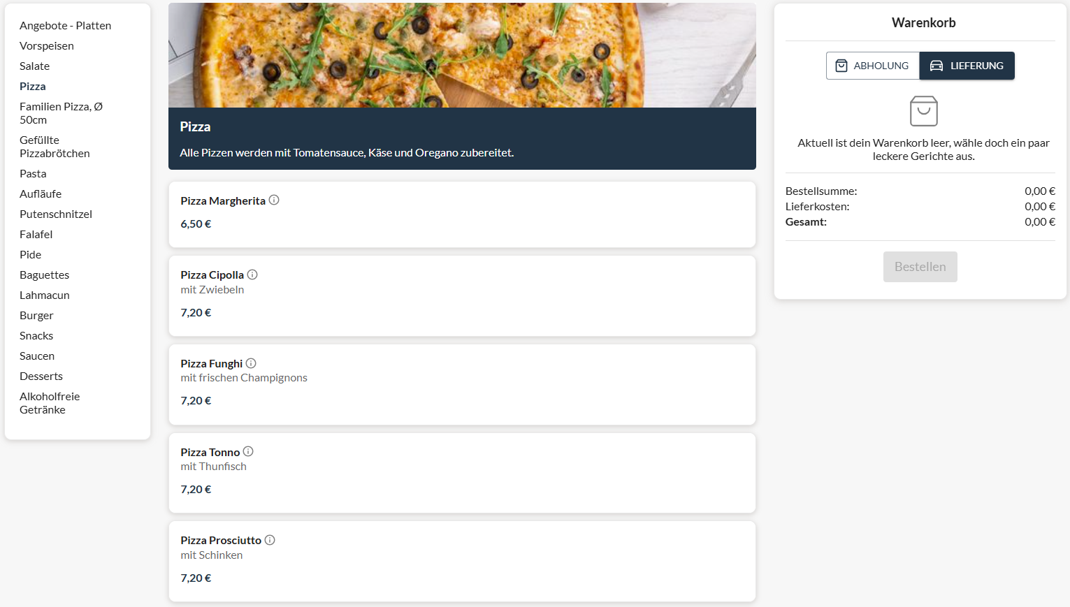 Echter BSM-DIGITAL-Restaurant-Webshop mit Speisekarte, Produkten und Warenkorb